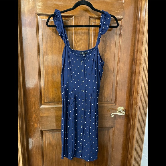 Madewell Ruffle-Strap Button-Front Sundress Dress in Navy Blue Tan Polka Dot 6 - Picture 5 of 8